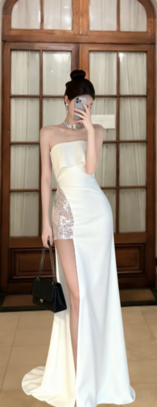 Pretty Mermaid Strapless Satin Sequin Slit Long Prom Dress, Evening Dress - FashionDia