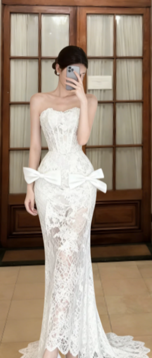 Elegant Mermaid Strapless Lace Long Prom Dress, Evening Dress - FashionDia