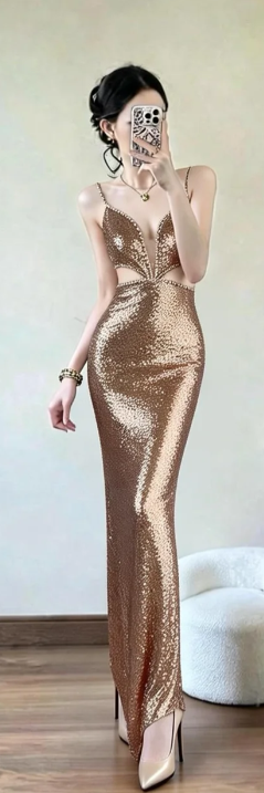 Sexy Mermaid Spaghetti Straps Satin Sequin Long Prom Dress, Evening Dress - FashionDia
