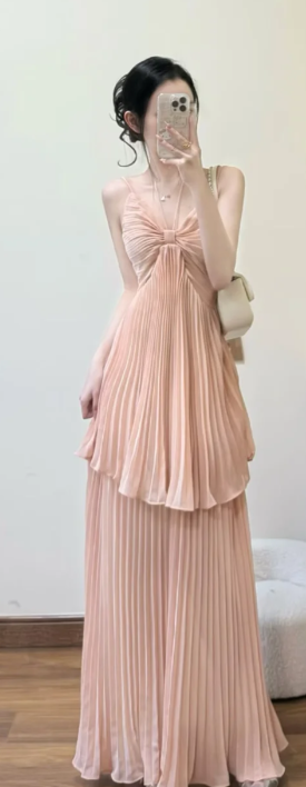 Classy A-Line Spaghetti Straps Pleated Chiffon Long Prom Dress, Evening Dress - FashionDia