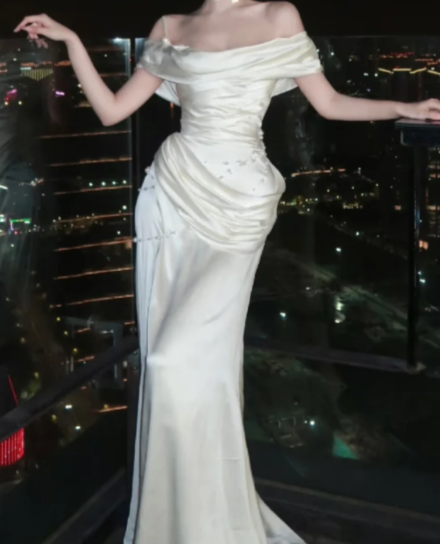 Elegant Mermaid Off-the-Shoulder Satin Long Prom Dress, Evening Dress - FashionDia