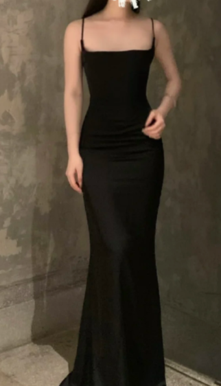 Simple Style Mermaid Black Spaghetti Straps Satin Long Prom Dress, Evening Dress - FashionDia