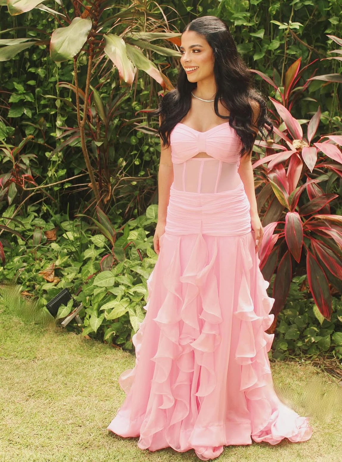 Spaghetti Straps Pink Ruffle Prom Dress Wedding Guest Dress J7773