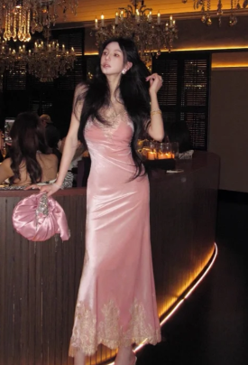 Chic Mermaid Spaghetti Straps Pink Satin Lace Long Prom Dress, Evening Dress - FashionDia