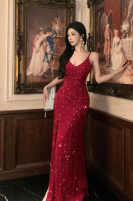 Burgundy Shiny Mermaid Spaghetti Straps Sequin Long Prom Dress, Evening Dress - FashionDia