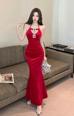 Burgundy Chic Mermaid Spaghetti Straps Satin Long Prom Dress, Evening Dress - View 2 | FashionDia