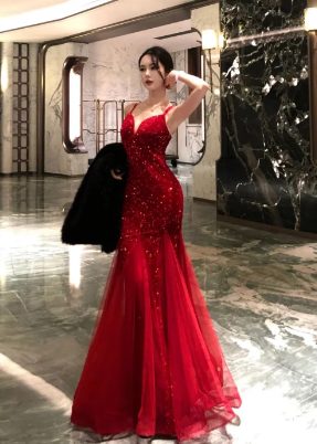 Sparkly Burgundy Mermaid Spaghetti Straps Tulle Sequin Long Prom Dress, Evening Dress - FashionDia