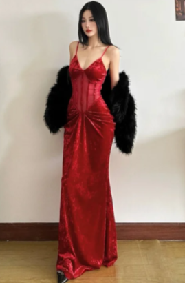 Formal Mermaid Spaghetti Straps Burgundy Velvet Long Prom Dress, Evening Dress - FashionDia