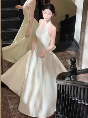 Pretty Halter A-Line Satin Long Prom Dress, Evening Dress - FashionDia