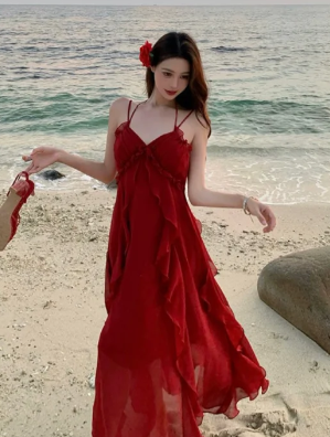 Elegant Burgundy Spaghetti Straps A-Line Chiffon Long Prom Dress, Evening Dress - FashionDia