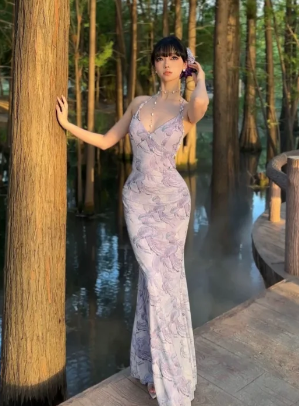Unique Mermaid Halter Satin Lace Long Prom Dress, Evening Dress - FashionDia