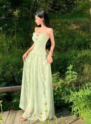 Elegant A-Line Spaghetti Straps Ruffle Chiffon Long Prom Dress, Evening Dress - FashionDia