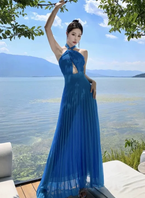 Chic A-Line Halter Chiffon Long Prom Dress, Evening Dress - FashionDia