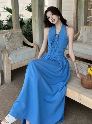 Blue Pretty A-Line Halter Satin Long Prom Dress, Evening Dress - FashionDia