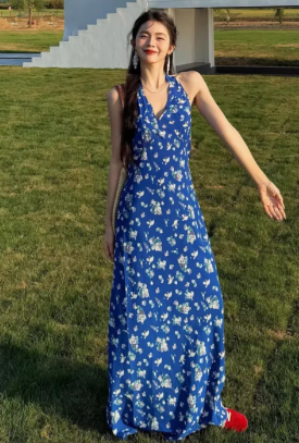 Charming A-Line Halter Printed Satin Long Prom Dress, Evening Dress - FashionDia