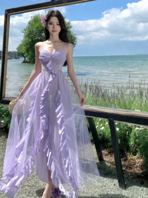 Charming A-Line Spaghetti Straps Lilac Tulle Chiffon Long Prom Dress, Evening Dress - FashionDia