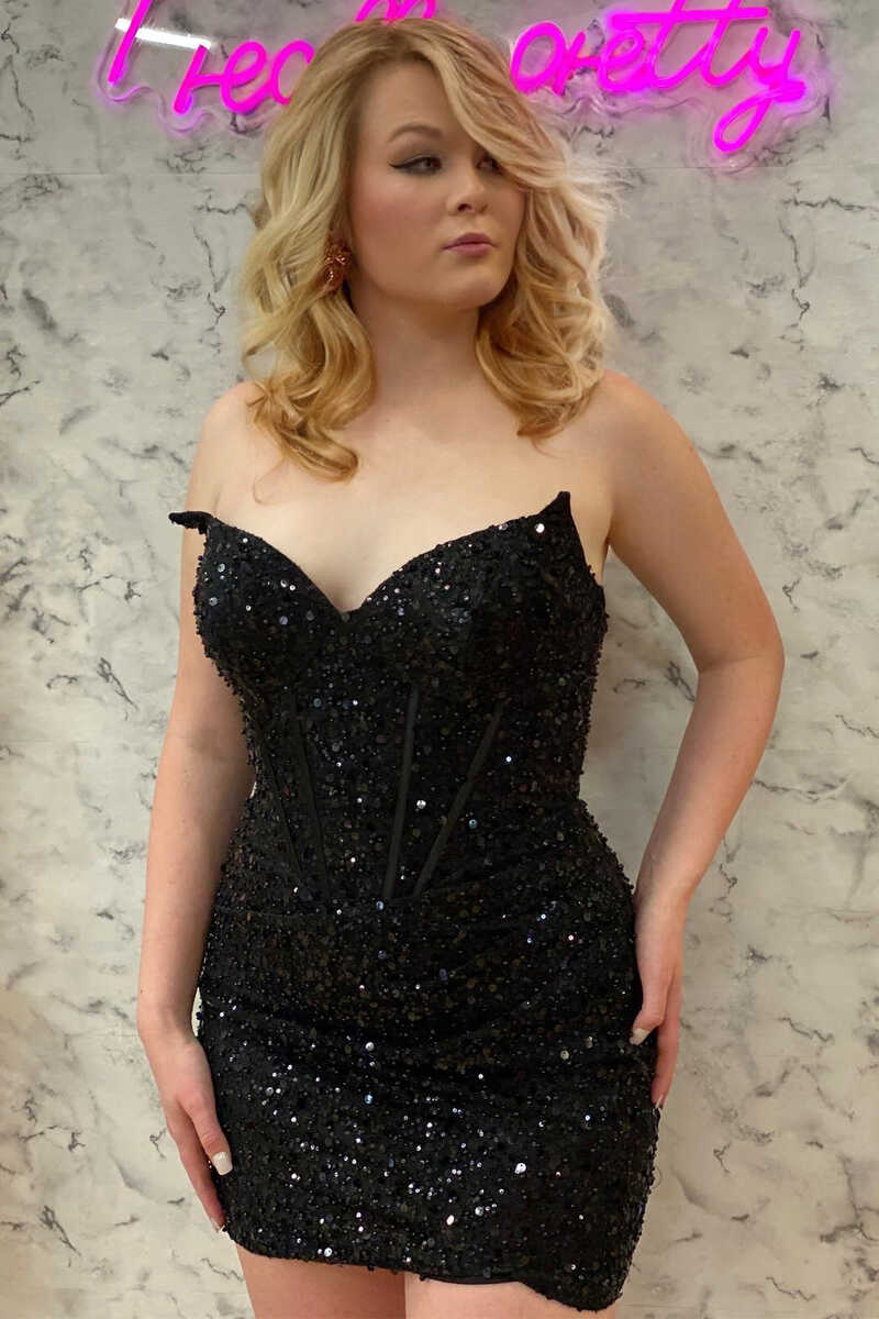 Black Sequin Strapless Tight Mini Homecoming Dress - FashionDia