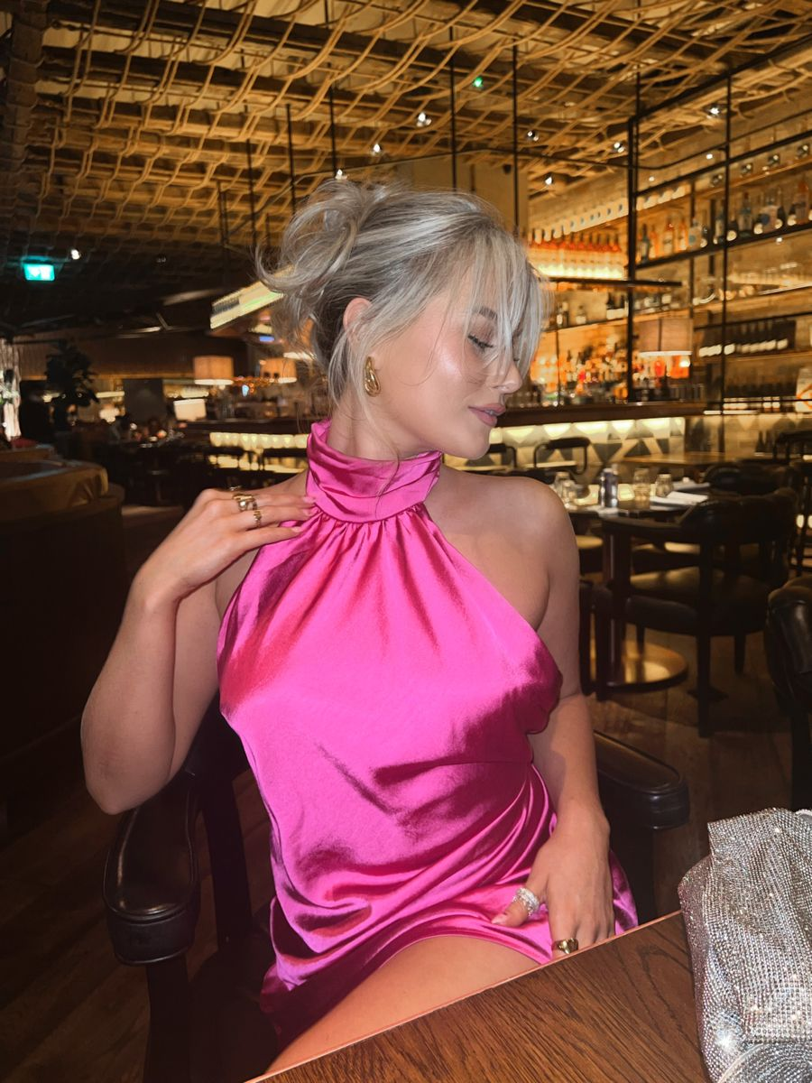 Sexy Halter Hot Pink Satin Sheath Birthday Dress Formal Short Homecoming Dress
