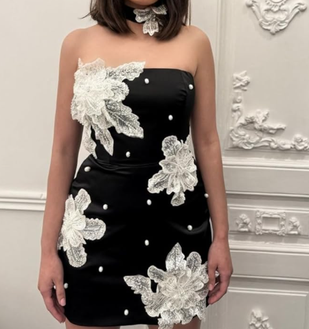Stylish Black Satin Beaded Flowers Short Party Dress Graduation Homecoming Dress - View 3 | FashionDia
