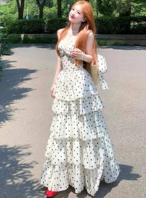 Pretty A-Line Spaghetti Straps Tiered Polka Dots Chiffon Long Prom Dress, Evening Dress - FashionDia