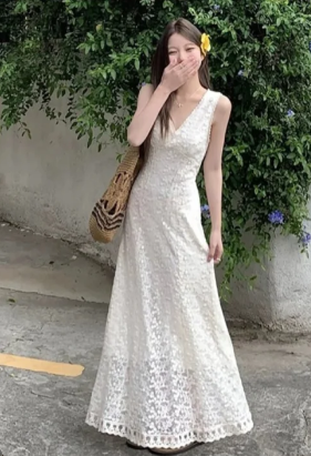Princess A-Line V-Neck Lace Long Prom Dress, Evening Dress - FashionDia