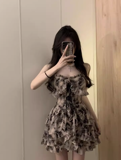 Gentle and elegant ink-wash floral print sundress, A-line, summer style Short Dress - FashionDia