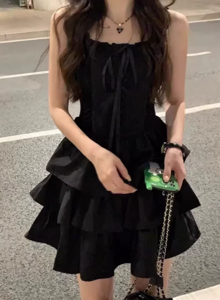 French style black slip dress,short dress - FashionDia