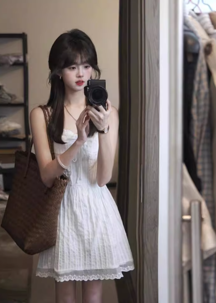 French-style white lace camisole fitted short dress - FashionDia