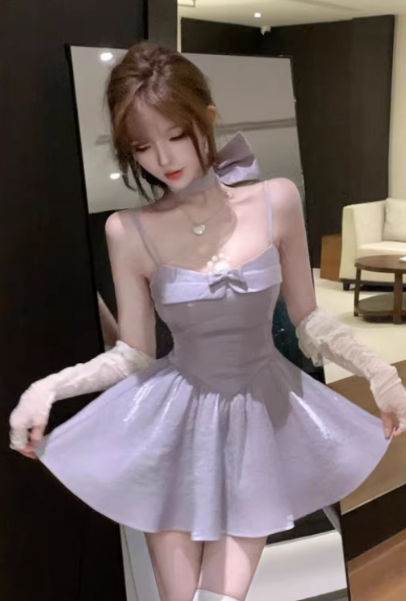 Sweet and slimming purple halter-neck dress with bow short dress - FashionDia