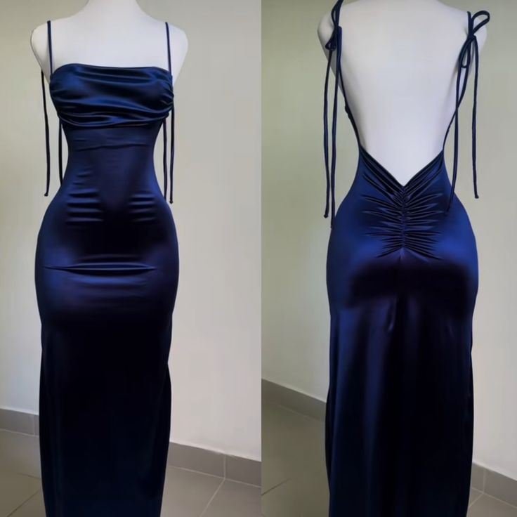 Vintage Mermaid Spaghetti Straps Custom Silk Satin Blue Long Prom Dresses