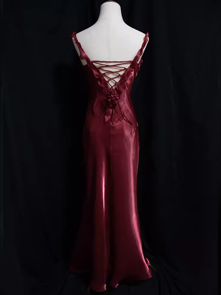 Vintage Mermaid Straps Organza Long Burgundy Prom Dresses - View 2 | FashionDia