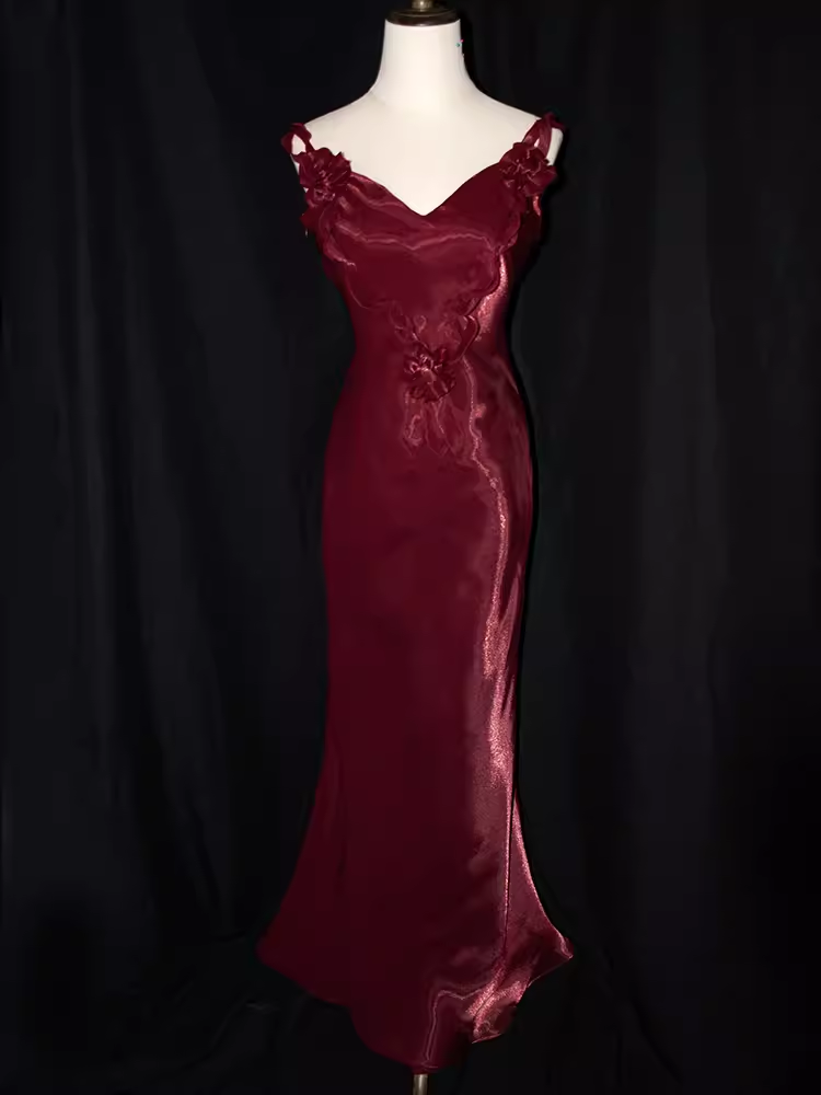 Vintage Mermaid Straps Organza Long Burgundy Prom Dresses - FashionDia