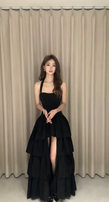 Unique Black A Line Halter Tiered Slit Satin Long Prom Dress, Evening Dress