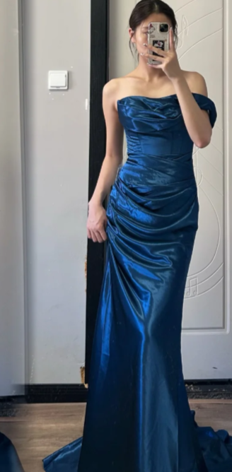 Chic Mermaid Off-the-Shoulder Satin Long Prom Dress, Evening Dress - FashionDia