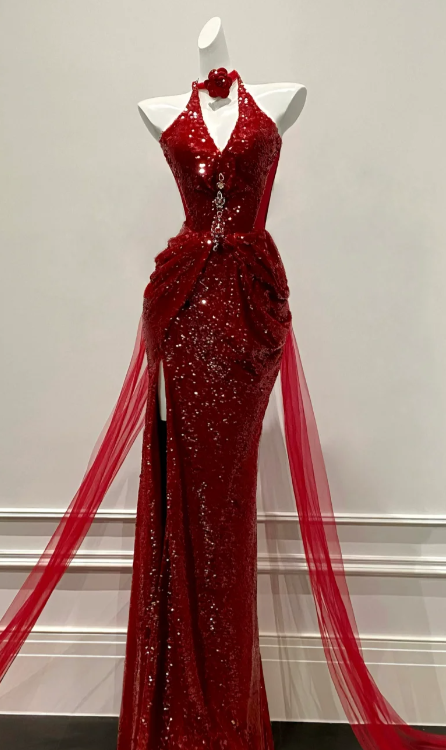 Shiny Mermaid Halter Burgundy Tulle Sequin Slit Long Prom Dress, Evening Dress - FashionDia
