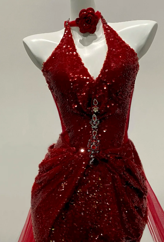 Shiny Mermaid Halter Burgundy Tulle Sequin Slit Long Prom Dress, Evening Dress - View 2 | FashionDia