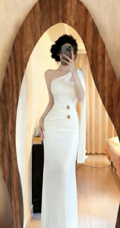 Classy Mermaid One-Shoulder White Satin Long Prom Dress, Evening Dress - FashionDia