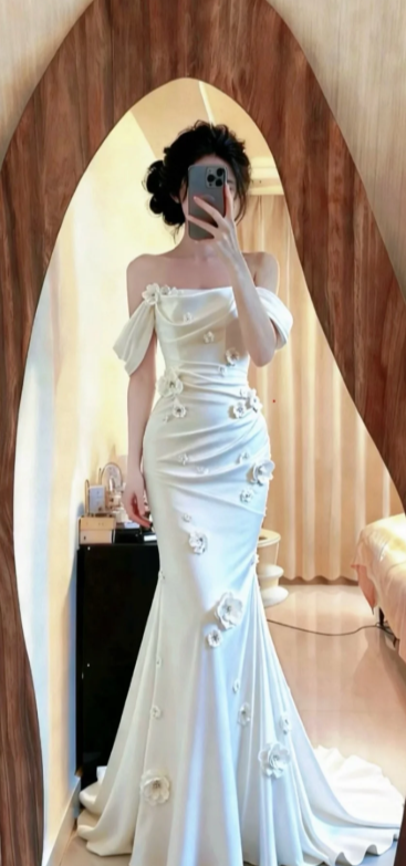 Elegant Mermaid Off-the-Shoulder Satin Applique Long Prom Dress, Evening Dress - FashionDia