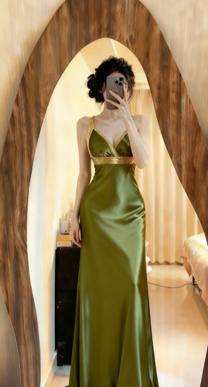 Charming Mermaid Spaghetti Straps Satin Long Prom Dress, Evening Dress - FashionDia