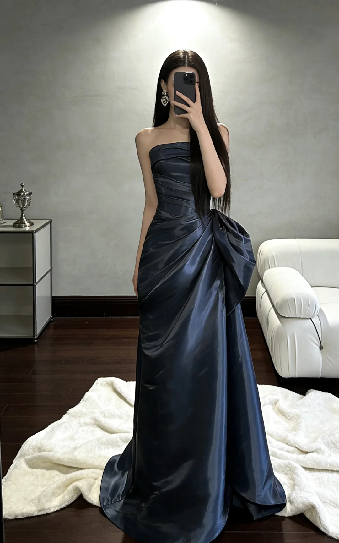 Elegant A-Line Strapless Pleated Satin Long Prom Dress, Evening Dress - FashionDia