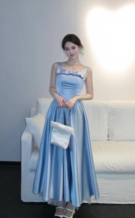 Pretty A-Line Square Neck Pale Blue Satin Long Prom Dress, Evening Dress - FashionDia