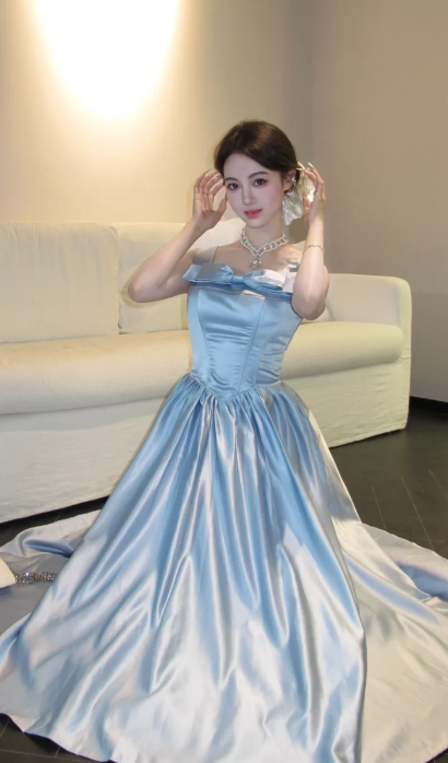 Pretty A-Line Square Neck Pale Blue Satin Long Prom Dress, Evening Dress - View 2 | FashionDia