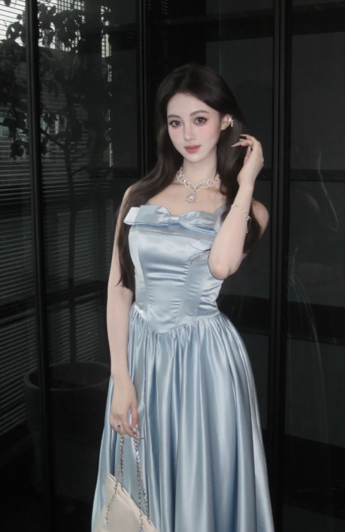 Pretty A-Line Square Neck Pale Blue Satin Long Prom Dress, Evening Dress - View 3 | FashionDia