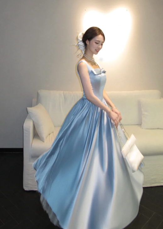Pretty A-Line Square Neck Pale Blue Satin Long Prom Dress, Evening Dress - View 4 | FashionDia