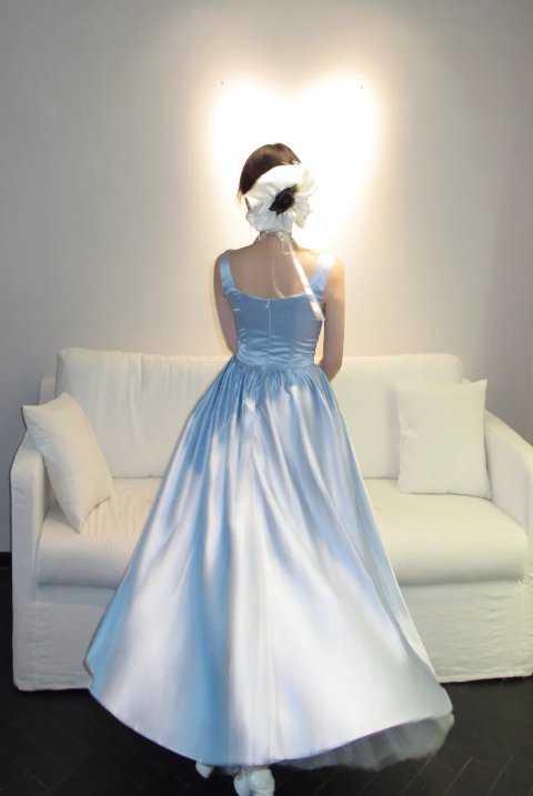 Pretty A-Line Square Neck Pale Blue Satin Long Prom Dress, Evening Dress - View 5 | FashionDia