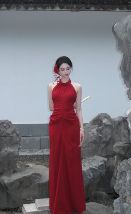 Charming Red Mermaid Halter Satin Backless Long Prom Dress, Evening Dress - FashionDia