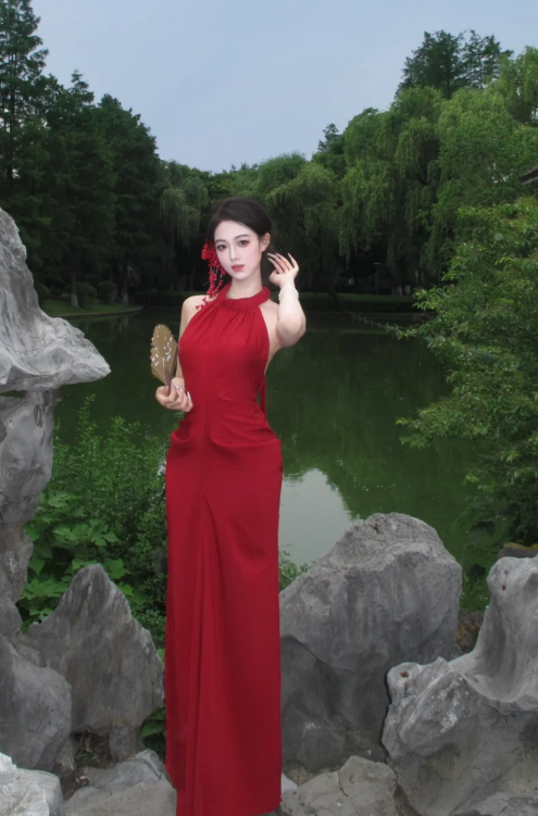 Charming Red Mermaid Halter Satin Backless Long Prom Dress, Evening Dress - View 5 | FashionDia