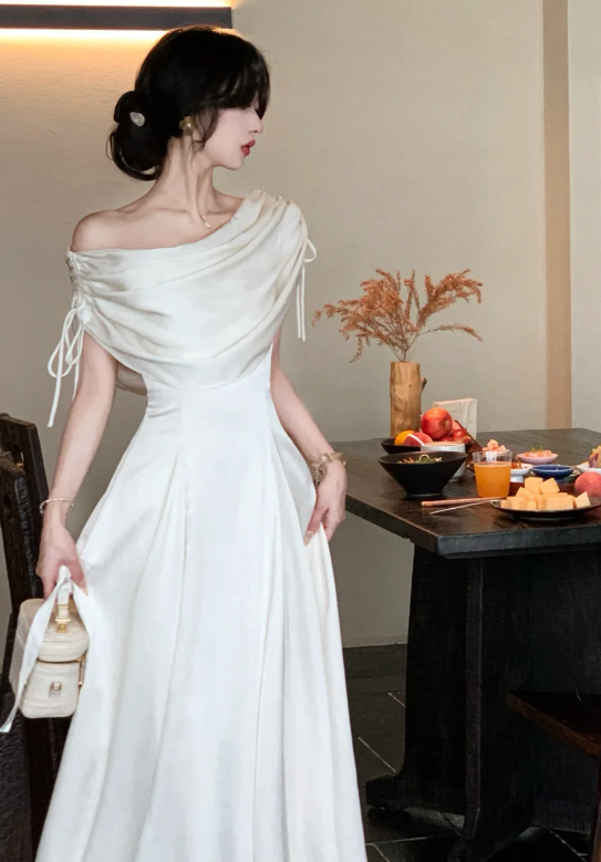 Princess A-Line Off-the-Shoulder Satin Long Prom Dress, Evening Dress - FashionDia