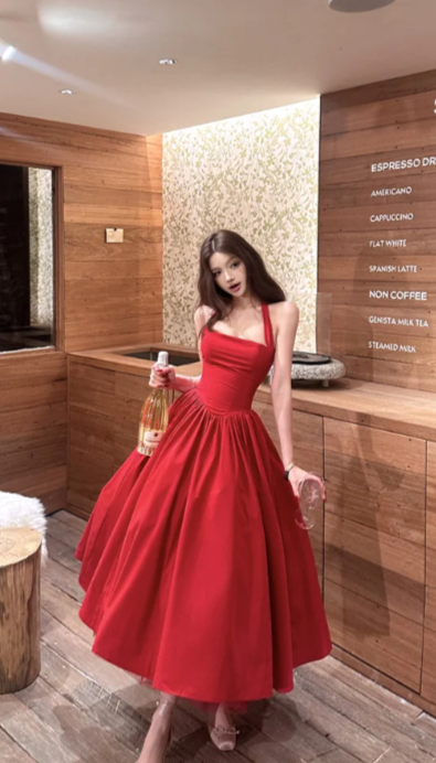 Classy A-Line Halter Red Satin Long Prom Dress, Evening Dress - FashionDia