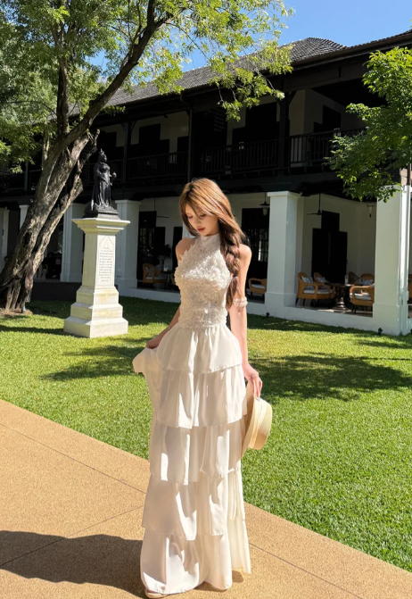 Charming A-Line Halter Tiered Chiffon Long Prom Dress, Evening Dress - FashionDia